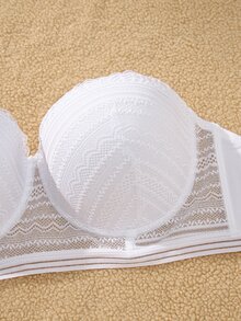 SHEIN Plus Size Lace Sexy Bra With Underwire Bandeau Women's Lingerie + Transparent Shoulder Straps 2pcs Set - Black and White - View 4