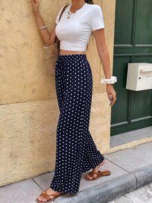 SHEIN Frenchy Women's Casual Vacation Polka Dot Print Straight Leg Pants - Navy Blue - View 3