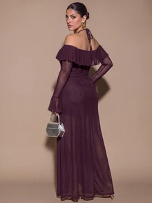SHEIN BAE CURVE 大尺碼女款長袖紫色露背掛脖洋裝 - 紫色 - 查看 2