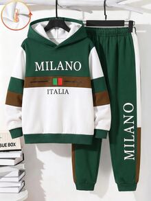 Tween Boy Casual Minimalist Long Sleeve Hooded Comfortable Sweatshirt 2 Pieces Set, Suitable For Autumn/Winter, Classic Retro Casual Color Block Pattern Print, Classic Urban Milan Text Pattern Print, Suitable For Autumn/Winter, Suitable For Back To School Season - Multicolor - View 2