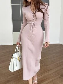 Feyla 女款純色前綁帶設計修身長袖針織洋裝 灰粉色 秋季浪漫優雅 早午餐晚餐派對穿搭 - 藕粉色 - 查看 2