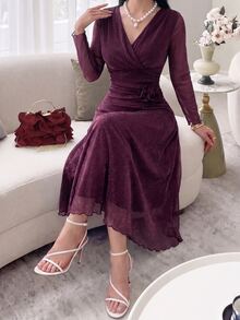 Feyla Women's V-Neck 3D Floral Decor Casual Elegant Party Dinner Date Diner Long Dress Wedding Dark Purple Autumn - Purple - View 7