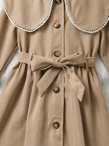 SHEIN Young Girl French Style Loose Double-Breasted Lapel Long Trench Coat, Casual Military Style, Suitable For Commuting And Outdoor Wear, All-Season; Perfect For Creating Y2K Style, Suitable For Daily And Personalized Looks - Khaki - View 8