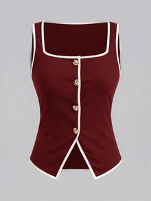 Lavishia Women's Piped Single-Breasted Tank Top And Shorts Casual 2 Pieces Set - Burgundy - View 4