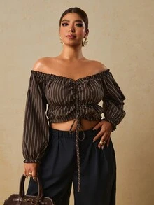 Travachic 大尺碼棕色繫帶休閒性感復古 80s 90s 女款襯衫，秋季優雅外出、早午餐、約會之夜、夜生活、度假穿搭 - 咖啡棕 - 查看 7