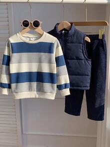 SHEIN 3pcs/Set Young Boy Autumn/Winter Cute Casual Versatile Fleece Lined Thick Vest Jacket, Khaki Striped Sweatshirt, Tracksuit Joggers Long Pants, Suitable For Indoor, Outdoor, Daily, Sports, Play, Party, Photo, Vacation, Holiday - Navy Blue - View 3