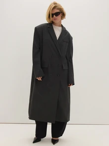 MUSEYN Dark Grey Pinstripe Shoulder Pad Long Tailored Jacket Luxury Office Business Fall - Grey - View 1