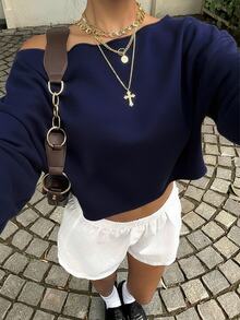 SHEIN EZwear 純色落肩短版運動衫 - 藏蓝色 - 查看 4