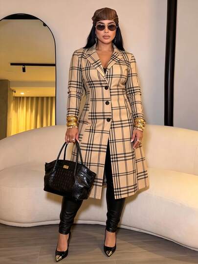 SOLERSUN Plus Size Women's Elegant High-Quality Printed Long Sleeve Mid-Length Blazer, Lapel Design, Office Suit Dress, Slimming Fit, Suitable For Business And Daily Wear, Light Luxury Button Decor, Fashionable Versatile Loose Casual Outerwear, Autumn/Winter New Arrival