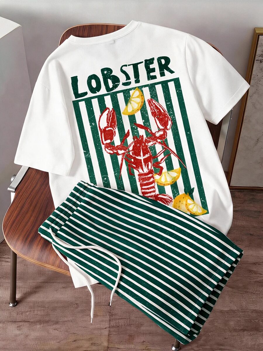 Daypath Men's Lobster Print Crew Neck T-Shirt And Drawstring Waist Striped Shorts Set - Dark Green - View 1