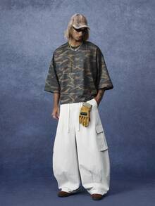 PAVTROS Men's Solid Color Drawstring Waist Wide Leg Loose Cargo Pants - Beige - View 3