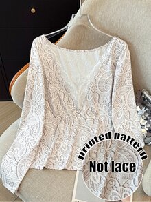 SHEIN LUNE CURVE Plus Size Women V-Neck Lace Patchwork Fitted Versatile Daily Casual Long Sleeve T-Shirt Fall - White - View 3