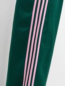 青少年女孩秋冬深綠色保暖內裡摺疊粉色腰帶、粉色側條紋寬鬆寬腿長褲 - 墨綠色 - 查看 8