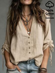 SHEIN Solid Color Distressed Texture V-Neck Button-Front Long Sleeve Shirt For Women, Single-Breasted Front, Shoulder Pleat Detail, Drawstring Cuffs To Shorten To Mid-Sleeve, Slim Fit, Minimalist Commuter Outerwear Blouse - Khaki - View 1