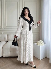 Vibekara New Elegant Fashion Minimalist Commuter Style Contrast Color Wide Ruffle Collar Puff Long Sleeve Dress, Vacation Polka Dot Element Patchwork Contrast Color Dress - Multicolor - View 4