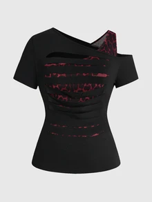 ROMWE Grunge Punk Plus Size Dark Punk 2 In 1 Fitted Distressed Ripped Edge Design T-Shirt - Black - View 1