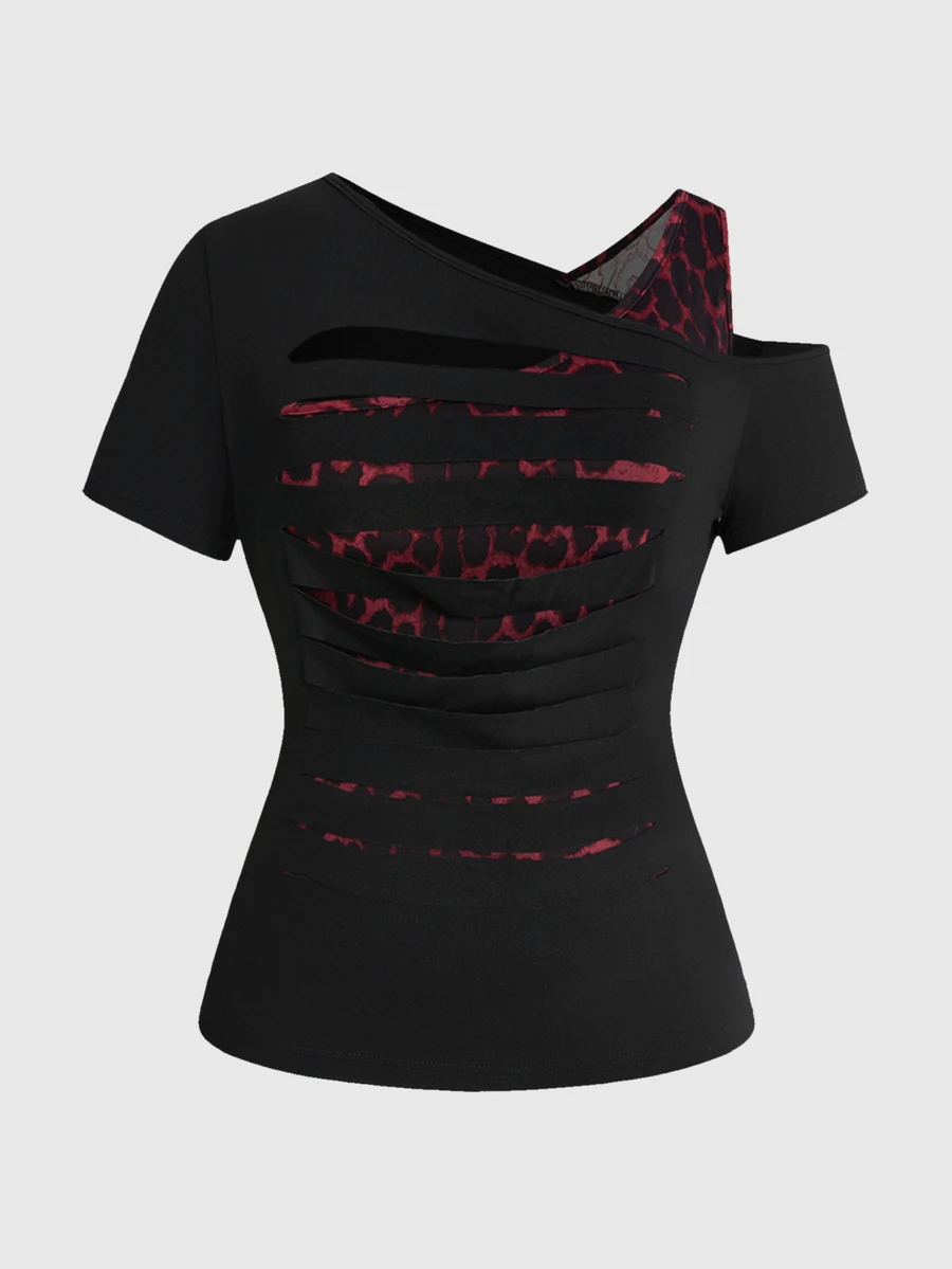 ROMWE Grunge Punk Plus Size Dark Punk 2 In 1 Fitted Distressed Ripped Edge Design T-Shirt - Black - View 1