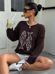 Muchica 女款魚紋休閒百搭日常穿著長袖針織衫 - 棕色 - 查看 3