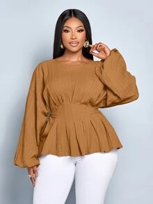 SOLERSUN Women's Plus Size Fashion Solid Color Loose Casual Outing Deep Pleated Bat Sleeve Long Sleeved Shirt Loose Casual Shirt Tops,Crop Tie Back Blouse Women's Solid Color Round Neck Belted Long Sleeve Blouse Autumn/Winter Women Clothes - Khaki - View 5