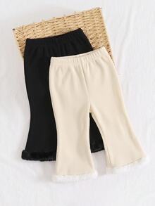 SHEIN Baby Girl Cute Casual Versatile Thermal Lined Elastic Waist Flared Leg Pants - Beige - View 5