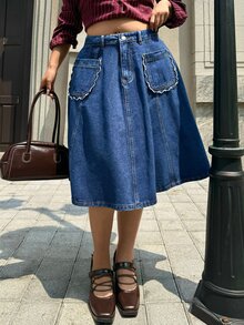 Rivivi 大尺碼女款鈕扣休閒日常牛仔迷你裙 - 藍色 - 查看 8