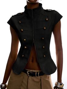 LYSMO Women's Street Style Double-Breasted Zipper Jacket - Navy Blue - View 1