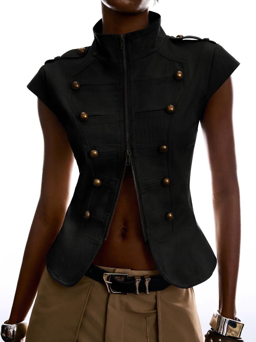 LYSMO Women's Street Style Double-Breasted Zipper Jacket - Navy Blue - View 1