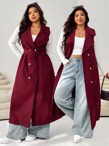 SHEIN EZwear 酒紅色休閒女款大尺碼雙排扣風衣外套 - 酒紅色 - 查看 1