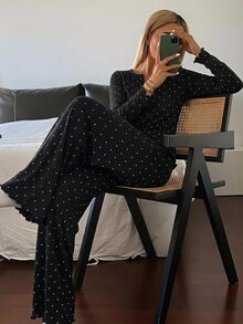 DAZY 2件組波點印花短袖V領T恤與寬鬆直筒長褲睡衣套裝，夏季女款 - 黑色 - 查看 4