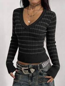 Coolane Casual Street Style Black & Grey Ribbed Ribbed Deep V-Neck Women's Sweater, Suitable For Autumn/Winter - Multicolor - View 5