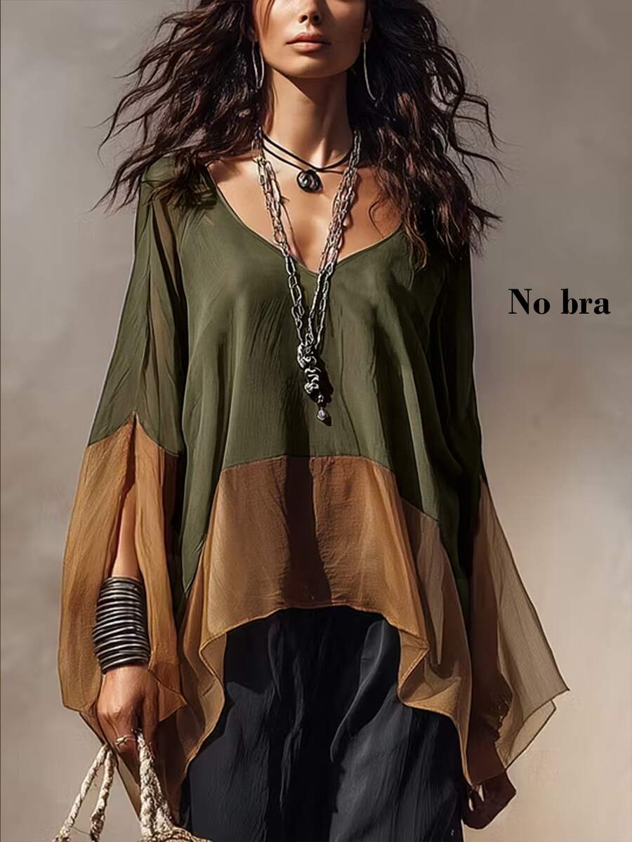 SHEIN New Women's Colorblock Patchwork Versatile Slimming Blouse Shirt - Dark Green - View 1