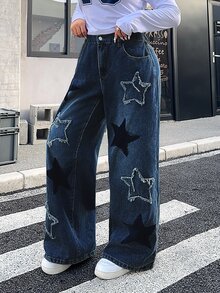SHEIN ICON 大尺碼女款拼接休閒百搭日常牛仔褲 - 深色水洗藍 - 查看 3