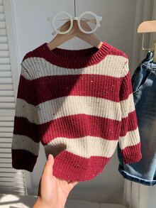 SHEIN 中性嬰兒男/女童、幼兒秋冬保暖內裡加厚可愛紅色條紋毛衣，嬰兒冬季毛衣，聖誕毛衣 - 紅色 - 查看 7