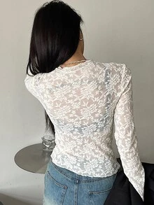 DAZY 青少年女孩蕾絲修身百搭日常穿著長袖T恤 秋季 - 米色 - 查看 4