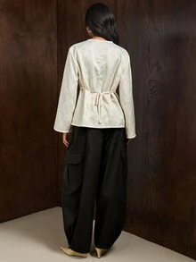 COSMINA Blus Wanita Leher V Kasual Serbaguna untuk Aktivitas Sehari-hari - Aprikot - View 5