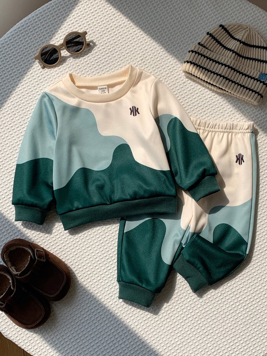 SHEIN 男嬰秋冬可愛休閒卡通圖案長袖運動衫與長褲套裝 - 彩色 - 查看 1