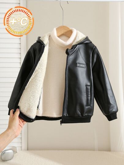 SHEIN Kids Young Boy Autumn/Winter Casual Cute Street Style Brown PU Leather Fleece Lined Long Sleeve Zip Up Jacket