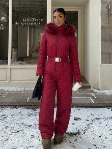 Muchica 白色人造毛帽加厚女款連身褲，適合秋冬雪地玩樂 - 酒紅色 - 查看 3