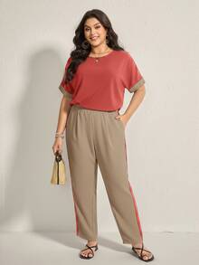 Comfylo Ensemble de tenue décontractée pour femme grande taille avec top col rond blocs de couleurs et pantalon pour usage quotidien - Multicolore - Voir 7