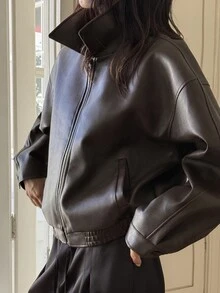 DAZY Women's Solid Color PU Leather Zipper Casual Versatile Daily Jacket - Black - View 1