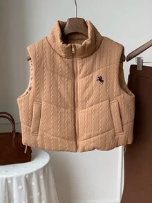Comfortcana 女款短版馬術刺繡棉質填充背心外套 秋季女裝 工作穿搭 Y2K風格 - 紫紅色 - 查看 6
