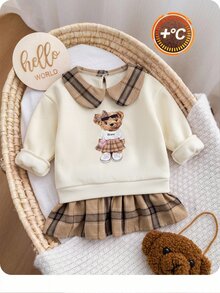 SHEIN Babygirl Cute College Style Casual Cartoon Pattern Collared Autumn Winter Dress - White - View 10