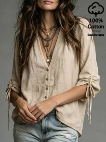 SHEIN Solid Color Distressed Texture V-Neck Button-Front Long Sleeve Shirt For Women, Single-Breasted Front, Shoulder Pleat Detail, Drawstring Cuffs To Shorten To Mid-Sleeve, Slim Fit, Minimalist Commuter Outerwear Blouse - Khaki - View 5