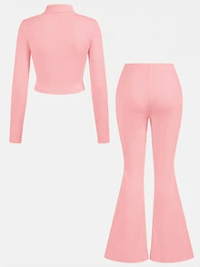 SHEIN Girlism NovaGlow 青少年女孩運動休閒日常針織素色開襟外套與喇叭褲套裝 - 粉色 - 查看 5