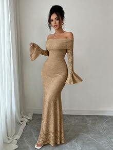Rafferiza 女款優雅時尚年輕簡約百搭修身露肩大翻領喇叭袖魚尾中長洋裝，秋季 - 卡其色 - 查看 6