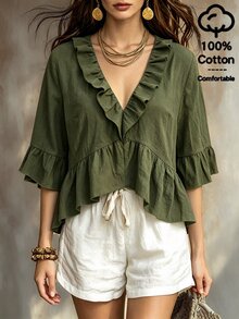 SHEIN Vintage Military Green Micro-Crinkled Textured Fabric Collar Wrap 3D Ruffle Deep V-Neck Front Opening Sleeve Mid-Section Gathered Cuff Expanded Ruffle Waistline Horizontal Pleated Flared Frill Trim Short Sweet Style 3/4 Sleeve Blouse - Army Green - View 4