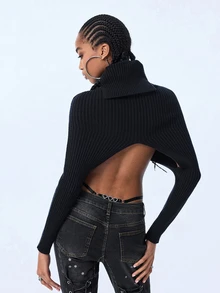 Y2Kool Top de punto corto ultra sexy gótico Y2K baddie casual callejero punk oscuro para mujer con manga larga tipo chal, adecuado para verano, otoño, fiesta, vacaciones en la isla, festival de música, festival de música electrónica, atuendo diario de Halloween - Negro - Ver 2