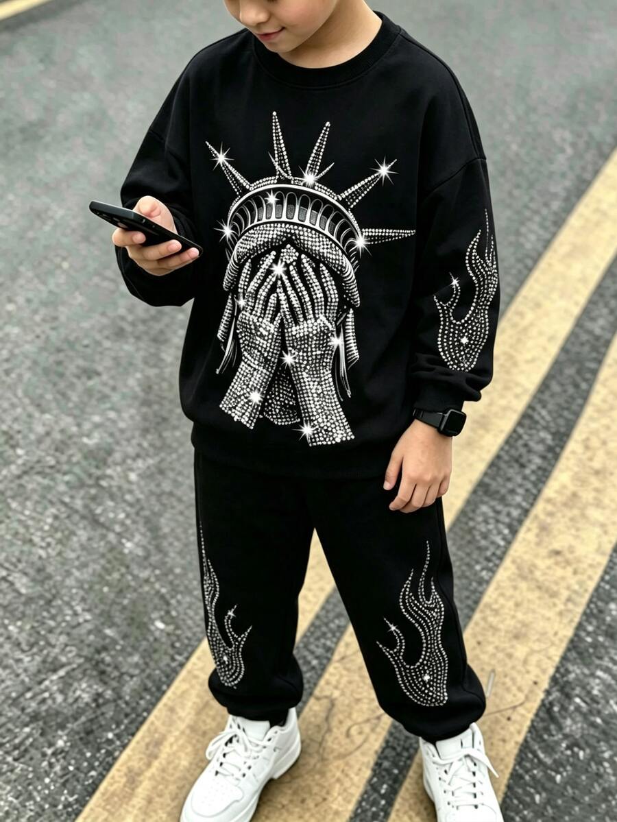 2pcs/Set Teen Boys Faux Rhinestone Statue Of Liberty & Flame Print Sweatshirt And Joggers Set, Crew Neck Long Sleeve Pullover Top + Elastic Waist Ribbed Cuffed Pants, Thickened For Autumn/Winter, American Streetwear Casual Two Pieces Outfit - Multicolor - View 1