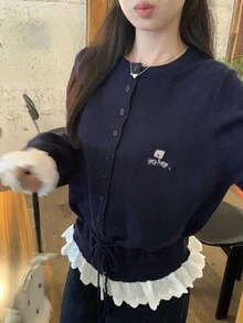 DAZY Women's Single-Breasted Casual Versatile Daily Long Sleeve Sweater Fall - Navy Blue - View 3
