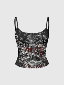 ROMWE Grunge Punk Punk Dark Vine Cute Pattern Print Spaghetti Strap Tank Top For Women - Black - View 1